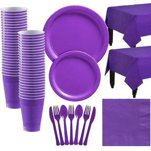 Pure Purple Party Set Disposable Cups, Plates, Paper Tablecl