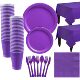 Purple Paper Party Disposable Pure Plates Set Cups Tablecl