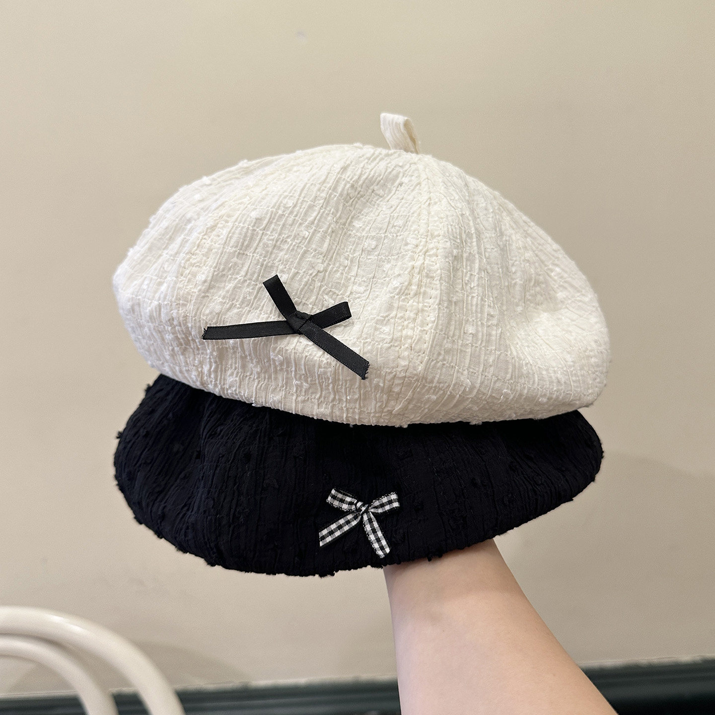 贝雷帽女春秋韩版简约蝴蝶结显脸小百搭画家帽出街蓓蕾报童帽休闲 - 实物图