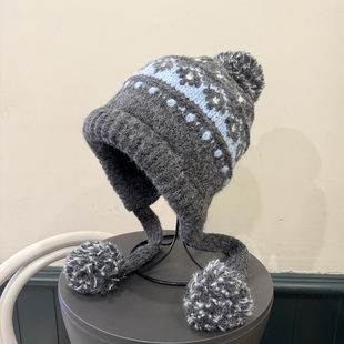 韩系费尔岛撞色毛球针织帽女秋冬加绒保暖滑雪套头护耳帽潮显脸小