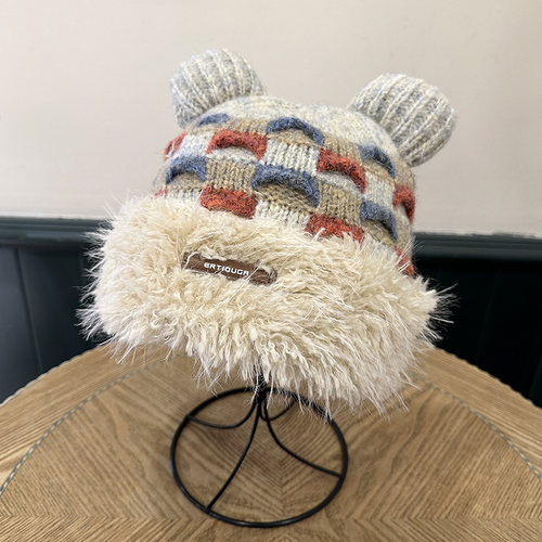 韩国新款熊耳朵毛绒针织帽女百搭保暖加绒护耳套头帽秋冬防寒冷帽