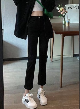 黑色直筒牛仔裤女高腰2023年春夏新款窄版泫雅风九分小个子烟管裤