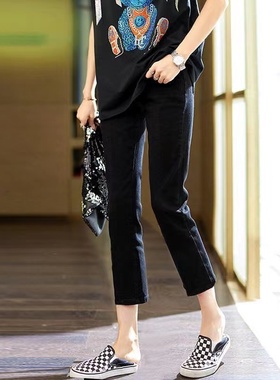 黑色高腰直筒牛仔裤女九分新款泫雅风夏季小个子显瘦八分烟管裤子