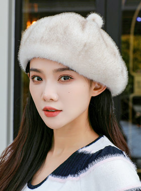 冬季新款仿水貂毛贝雷帽女