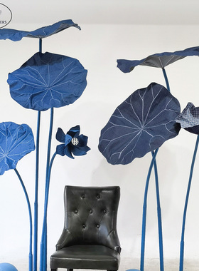 牛仔布荷叶荷花蓝色主题新中式美学家居茶宴摆件装饰餐饮美陈布置