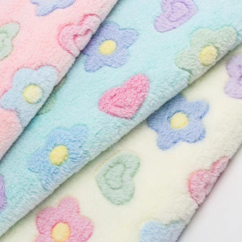 现货双面法兰绒珊瑚绒胶印印花花朵服装面料家居鞋帽