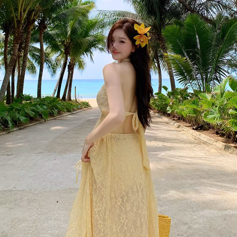 新款泳衣女分体水色调三件套长裙度假大码胖mm遮肉高档涤纶9236