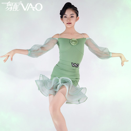 新款拉丁舞服VAO舞配舞服绿色仙气网纱练习裙拉丁舞练功服女TJ