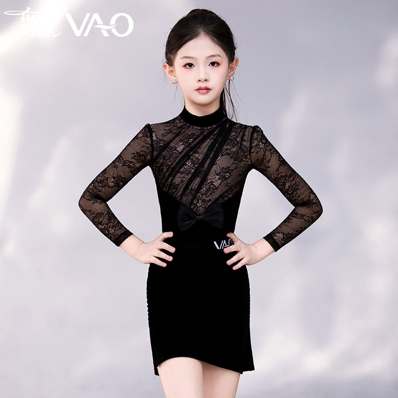 26秋冬新款拉丁舞服VAO舞配舞服黑色绒蕾丝套装拉丁舞练功服女TJ