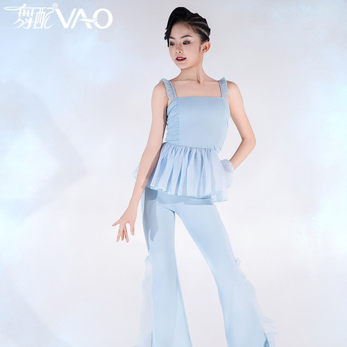 新款拉丁舞服VAO舞配舞服蓝色高级摩登裤练习裤拉丁舞练功服女TJ