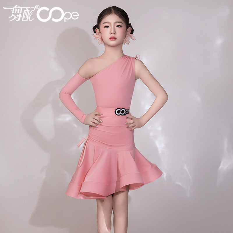 新款拉丁舞服oope舞配拉丁舞练功服女童训练服粉色斜肩公主裙TJ