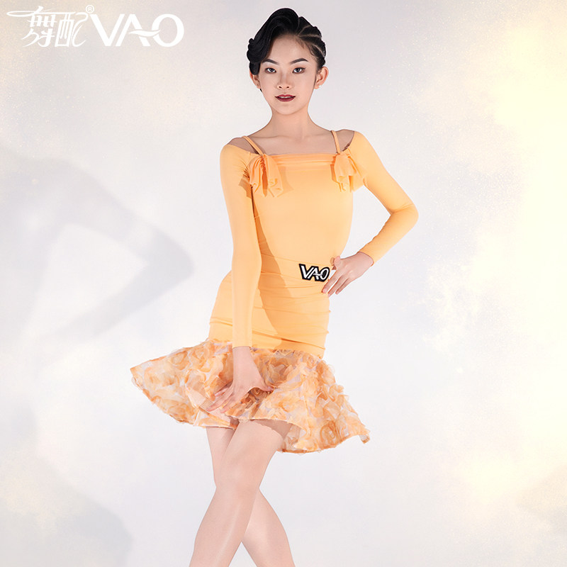 新款拉丁舞服VAO舞配舞服高级橘一字肩练习裙拉丁舞练功服女童TJ