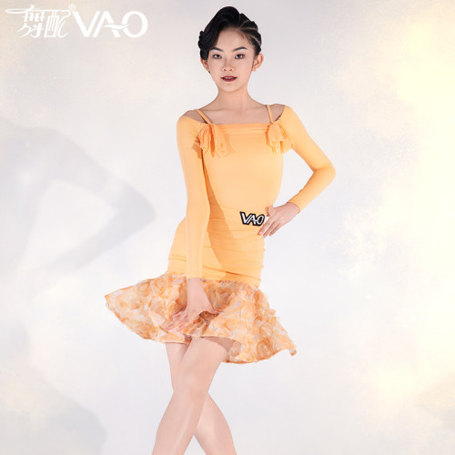 新款拉丁舞服VAO舞配舞服高级橘一字肩练习裙拉丁舞练功服女童TJ