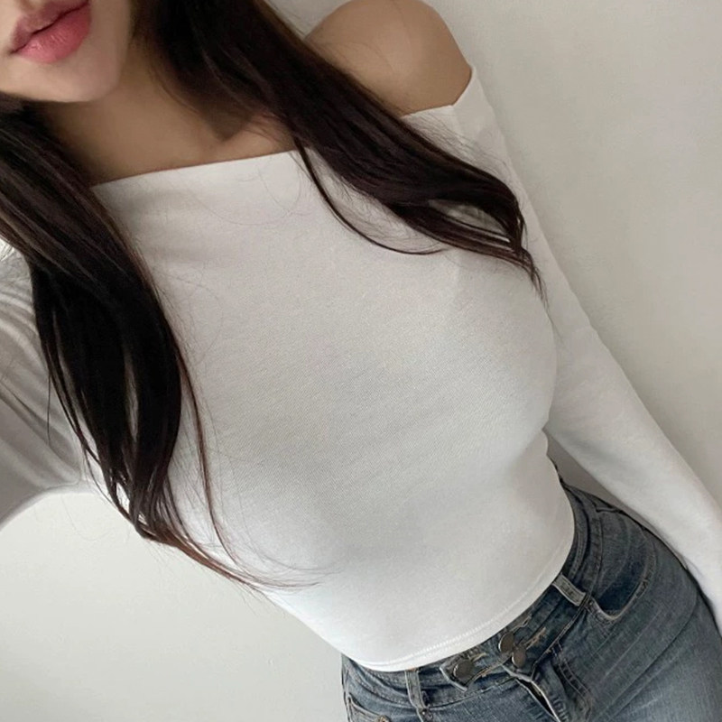 纯欲风秋冬新款修身显瘦性感女人味斜肩显身材百搭长袖t恤上衣女