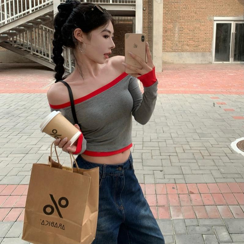 早秋辣妹风春秋新款时髦拼色边一字领长袖T恤女百搭舒适弹力上衣