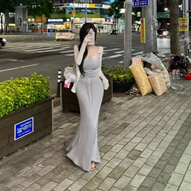 纯欲风春秋新款优雅女人味气质修身显瘦条纹鱼尾半身裙性感长裙女