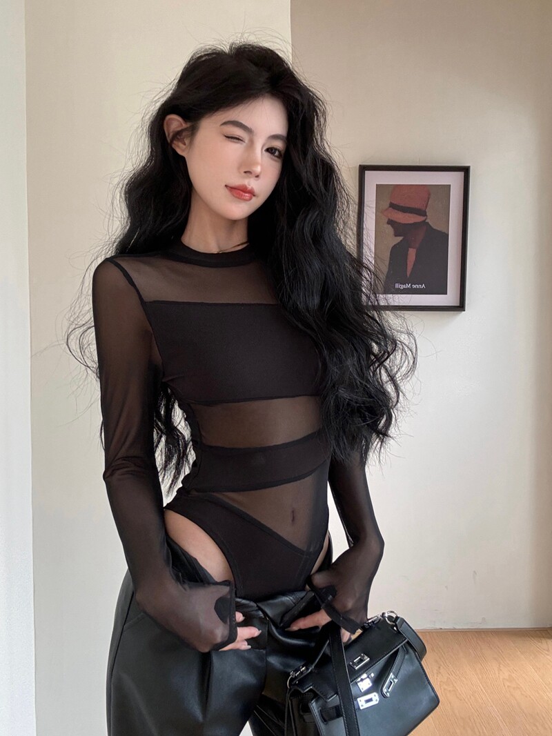 春秋新款纯欲欧美辣妹风性感网纱拼接修身显瘦连体衣心机镂空上衣