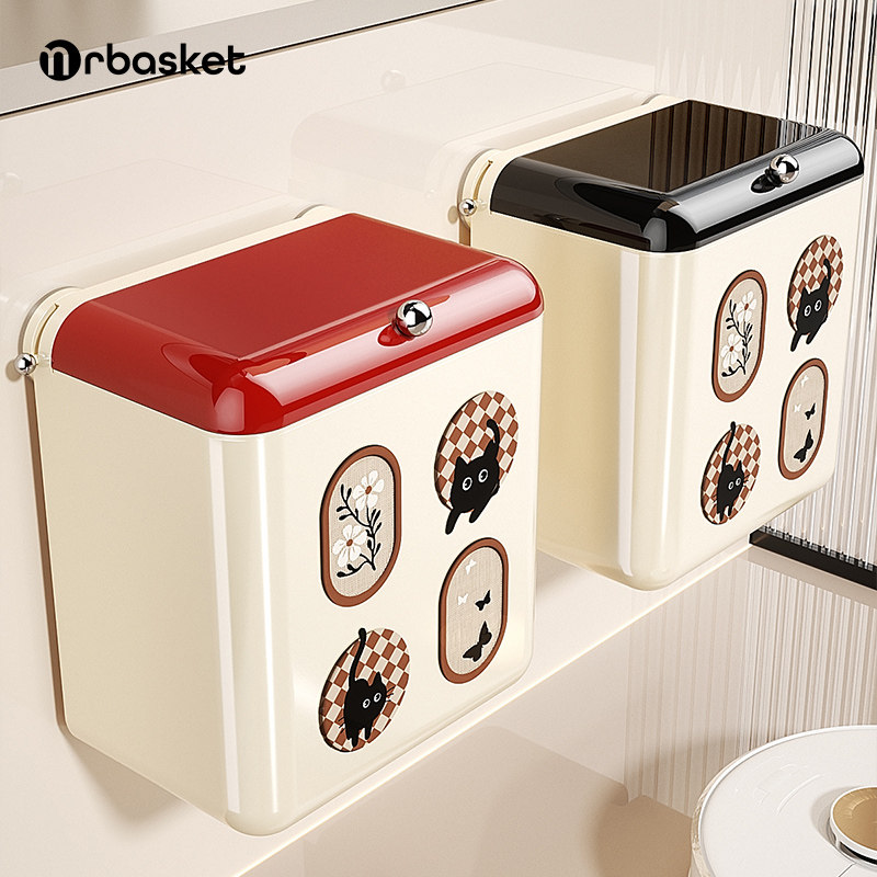 吸盘厕所垃圾桶壁挂式免打孔化妆室专用带盖子高颜值浴室窄缝卫生