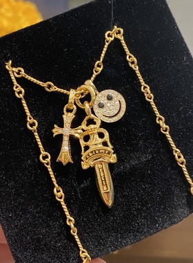 18k金竹节链hearts十字架宝剑笑脸吊坠