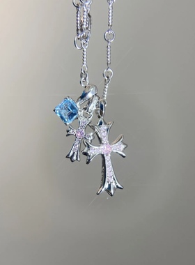 18k白金大小蓝宝石紫色宝石冰糖heart十字架项链吊坠