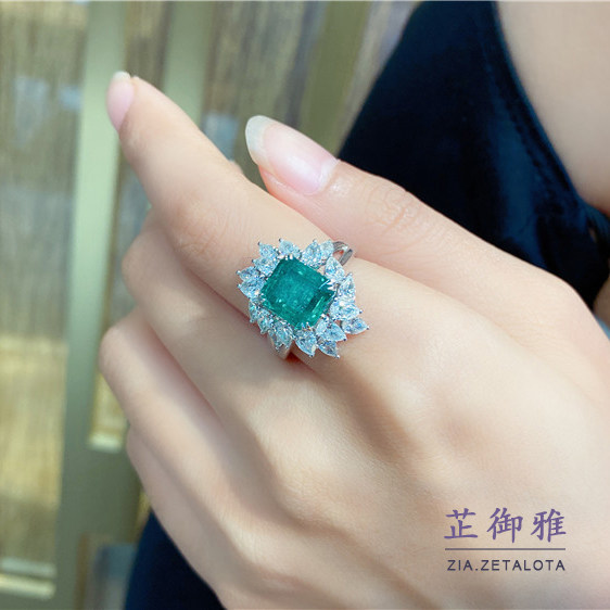ZIA芷御雅设计款1克拉方形18k金白金玫瑰金钻石满钻祖母绿戒指