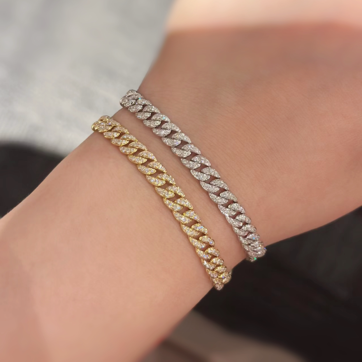 18K金满钻天然钻石女镶钻古巴链交叉情侣款手镯手链