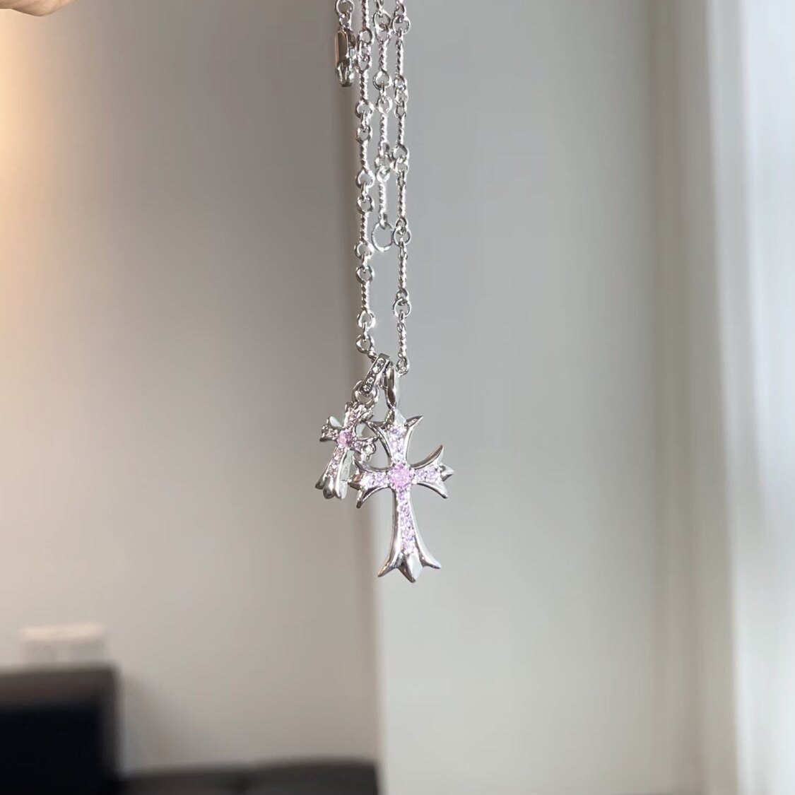 18k金天然钻石粉钻祖母绿绿宝大小十字架heart吊坠项链