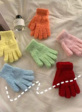 韩国可爱珊瑚绒手套女秋冬季加厚骑车保暖毛绒糖果色防寒男ins纯