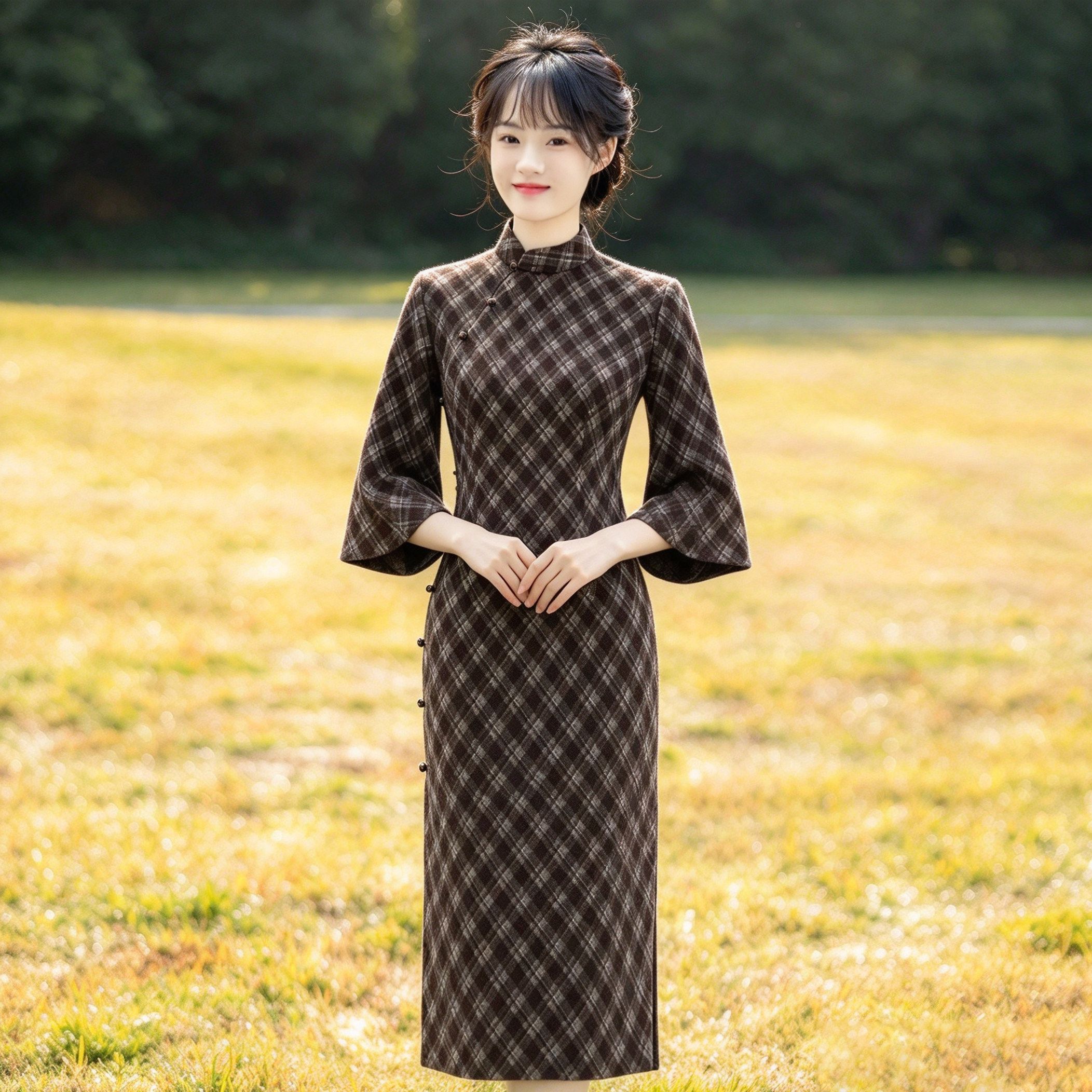 咖色复古格纹旗袍2026新款改良新中式倒大袖民国风连衣裙女秋冬季