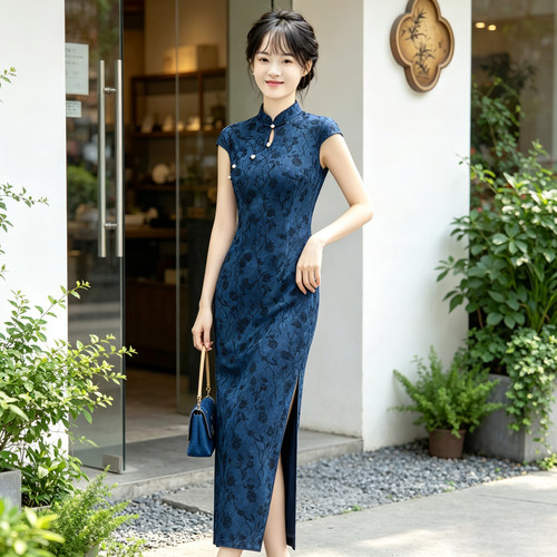藏青色新中式旗袍水滴领连衣裙女