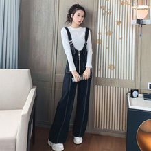 背带连体阔腿裤套装女2020秋季显瘦高腰垂感连衣裤配针织衫两件套