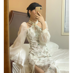 溫柔風(fēng)碎花刺繡改良版 顯瘦掛脖長裙子 修身 旗袍連衣裙少女春夏新款