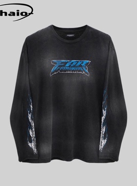 Far Archive 23fw 蓝火焰印花logo长袖做旧磨白tee复古韩国vibe风