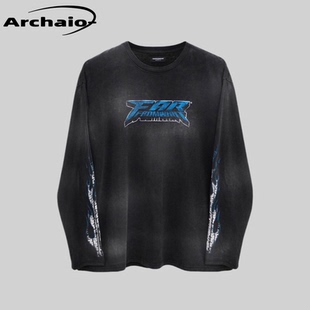 蓝火焰印花logo长袖 23fw 做旧磨白tee复古韩国vibe风 Archive Far