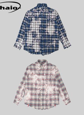 Grailz 25ss 扎染泼墨廓形格子衬衫长袖外套刀割破坏不规则做旧韩