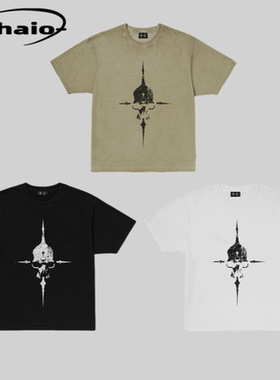 Thug Club 24fw十字穿插骷髅水洗做旧廓形短袖tee韩国潮牌