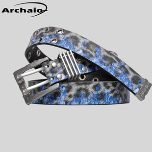 Racer Worldwide 25ss 复古皮质金属扣蓝色火焰豹纹双排扣腰带