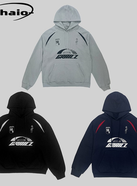 Grailz 23fw 赛车连帽卫衣拼色印花廓形裁剪抽绳帽衫宽松韩国小众