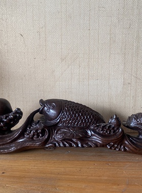 越南沉香木雕刻如鱼得水荷花如意摆件鲤鱼戏水一路走运实木工艺品