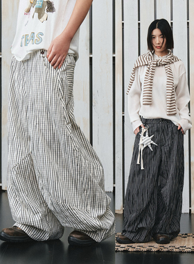 不路牌「黑白色」格纹休闲裤直筒情侣复古阔腿裤