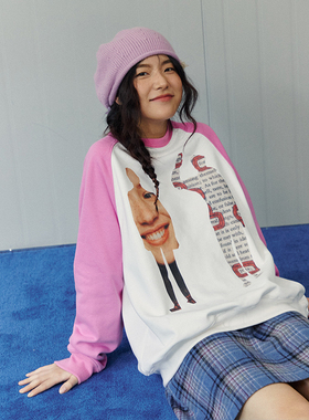 PROS BYCH保持微笑插肩袖秋冬加绒情侣卫衣男圆领古着vintage潮牌