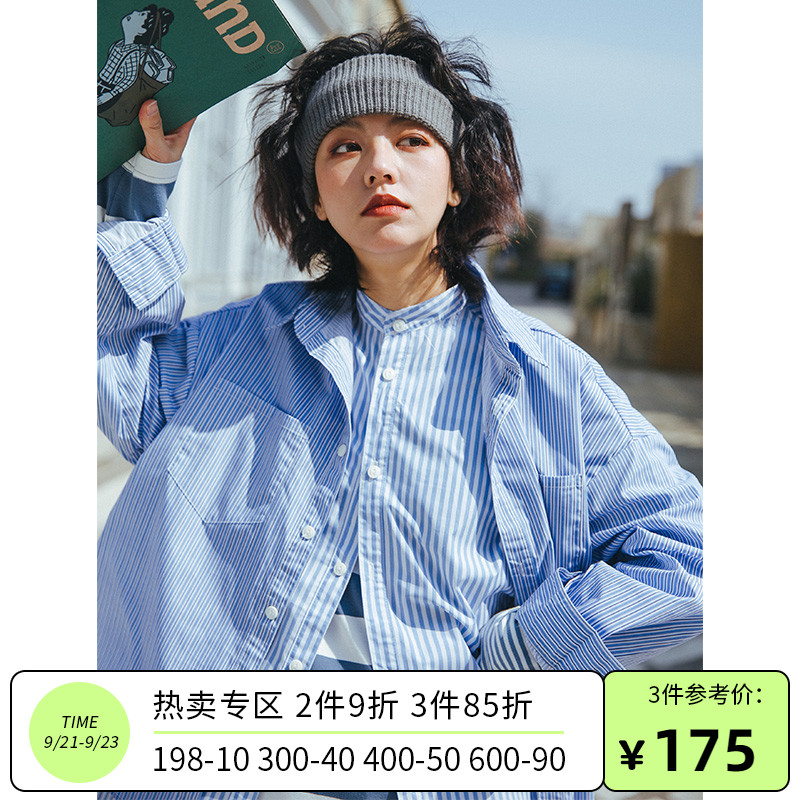 PROS BY CH日系原创复古浅蓝色假两件宽松定制印花条纹双领衬衫男
