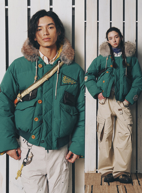 不路牌 半岛捕蟹人堪察加郊狼真狼毛领复古冬季加厚羽绒服