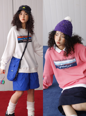 PROS BY CH四季日落印花华夫格vintage复古套头圆领情侣卫衣男