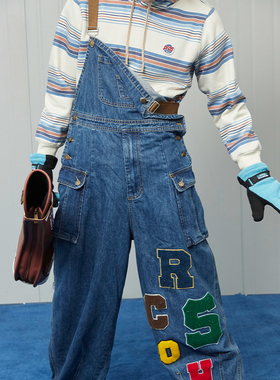 PROS BY CH牛仔背带裤男女潮牌春秋季情侣装宽松直筒工装阔腿裤子