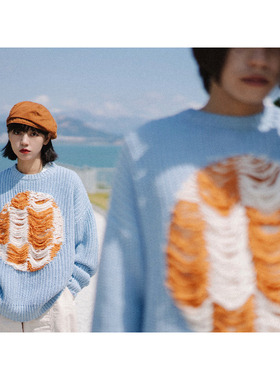 PROSBYCH浅蓝色飞针挂毛圆领拼接慵懒风毛衣男日系宽松针织衫情侣