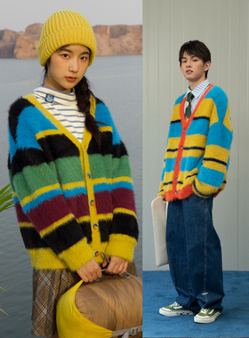 PROS BY CH撞色仿貂毛V领条纹长毛毛衣复古校园叠穿背心针织开衫