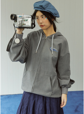 PROS BY CH镂空分割连帽开衫卫衣男女国潮华夫格宽松情侣装外套