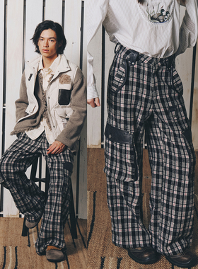 不路牌 黑沙勘探者皮料拼接羊毛复古黑白格子长裤