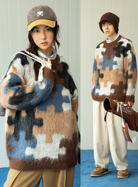 PROS BY CH色块拼图仿马海毛男女针织衫秋冬古着vintage情侣毛衣